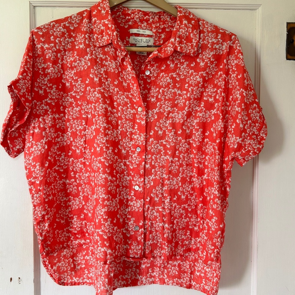 Rachel Zoe Coral Red and White Floral Button-Up Blouse